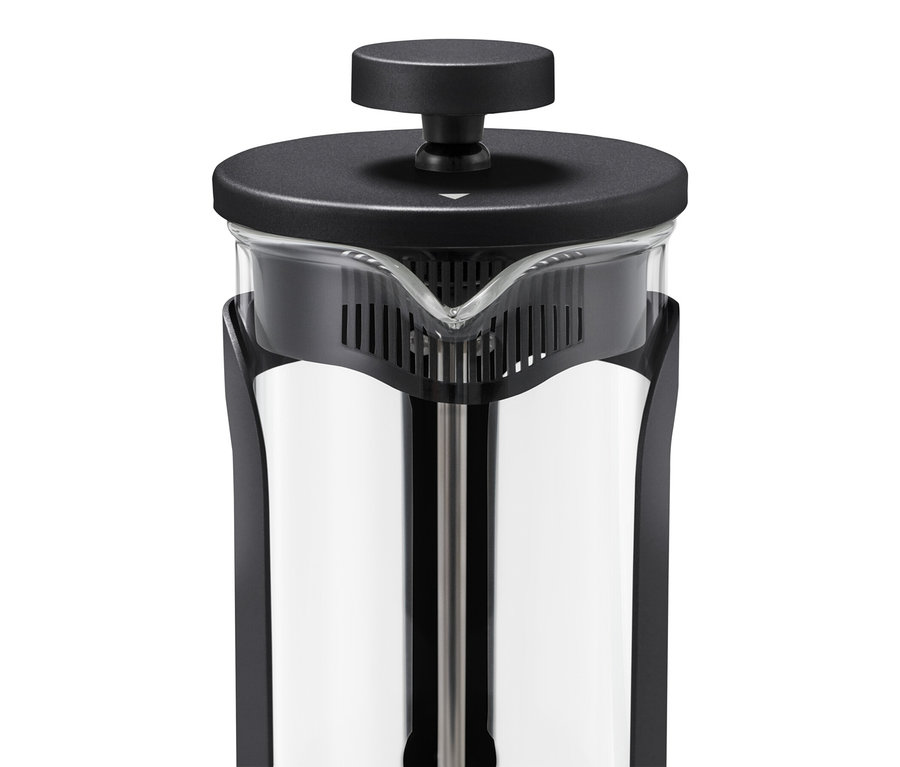 Detail einer Siebstempelkanne 300 ml, 2 Tassen, schwarz.