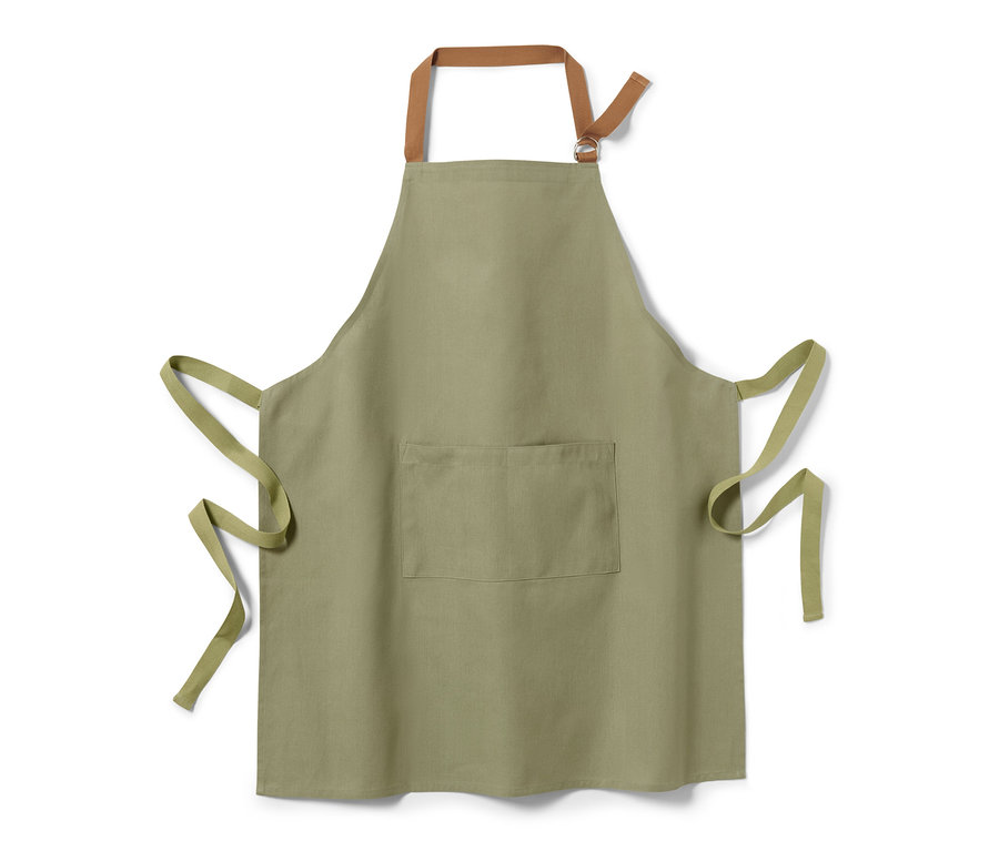 Eine grüne Gartenschürze mit braunen Trägern und einer Tasche.