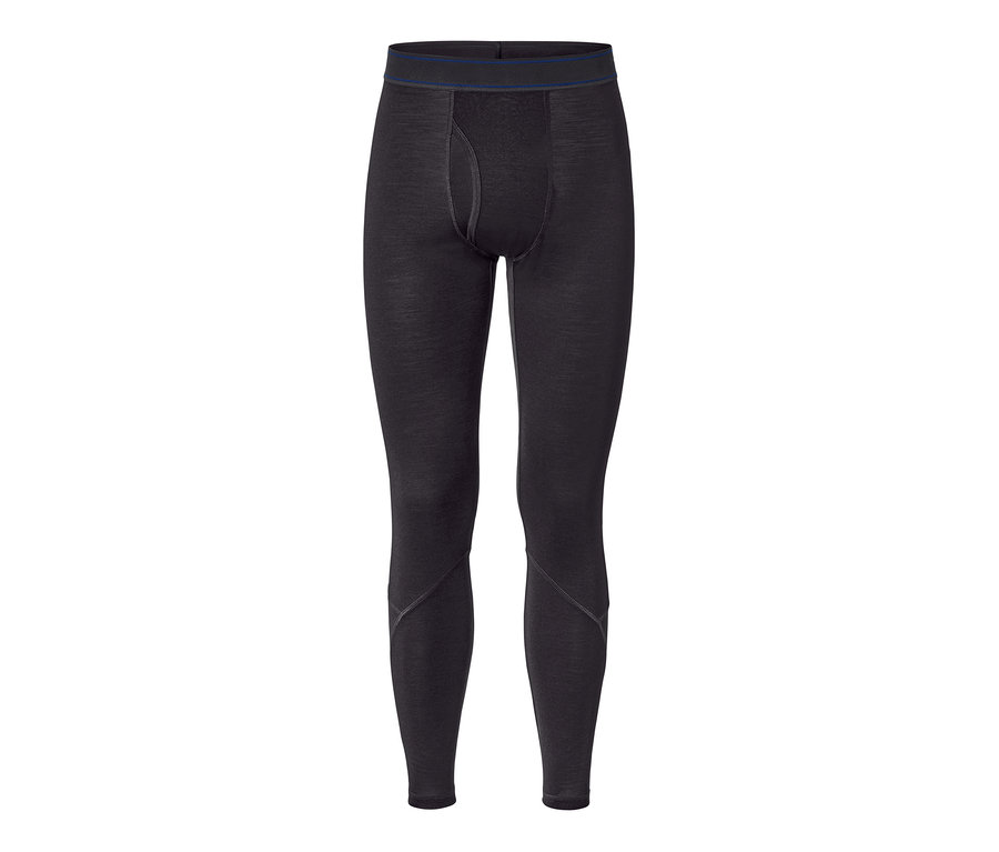 Lange, schwarze Unterhose mit RWS-zertifizierter Wolle auf weißem Hintergrund.