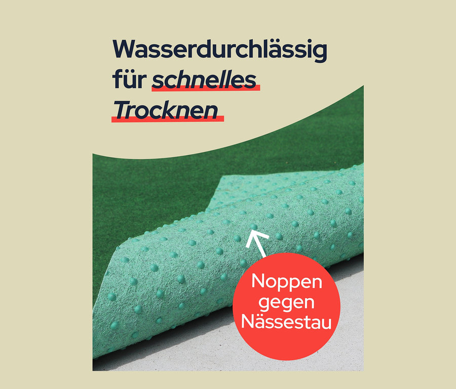 Nahaufnahme eines Primaflor Rasenteppichs "Comfort" in Anthrazit, der "Wasserdurchlässig für schnelles Trocknen" ist, mit einem roten Kreis, der "Noppen gegen Nässestau" hervorhebt.