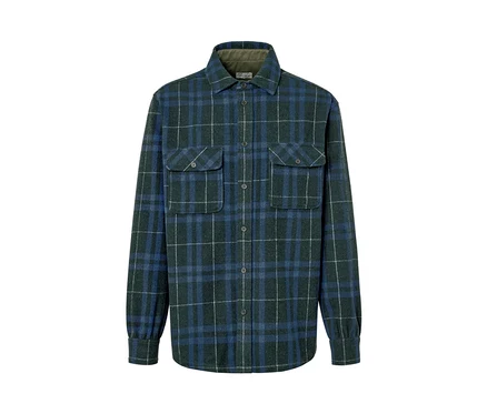 Blau-grüne Flanell-Hemdjacke mit langen Ärmeln und zwei Brusttaschen.