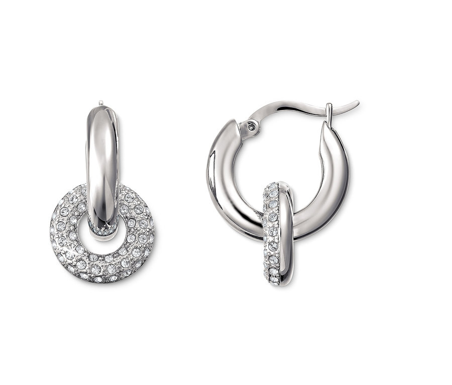 Zwei silberne Creolen Sparkle Donut Ohrringe auf weißem Hintergrund.