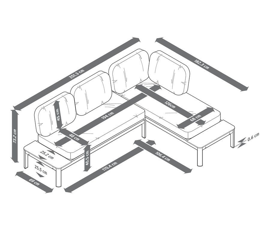 Eine Skizze einer flexiblen Lounge-Ecke mit Duraboard®-Tischplatten und den dazugehörigen Maßen.