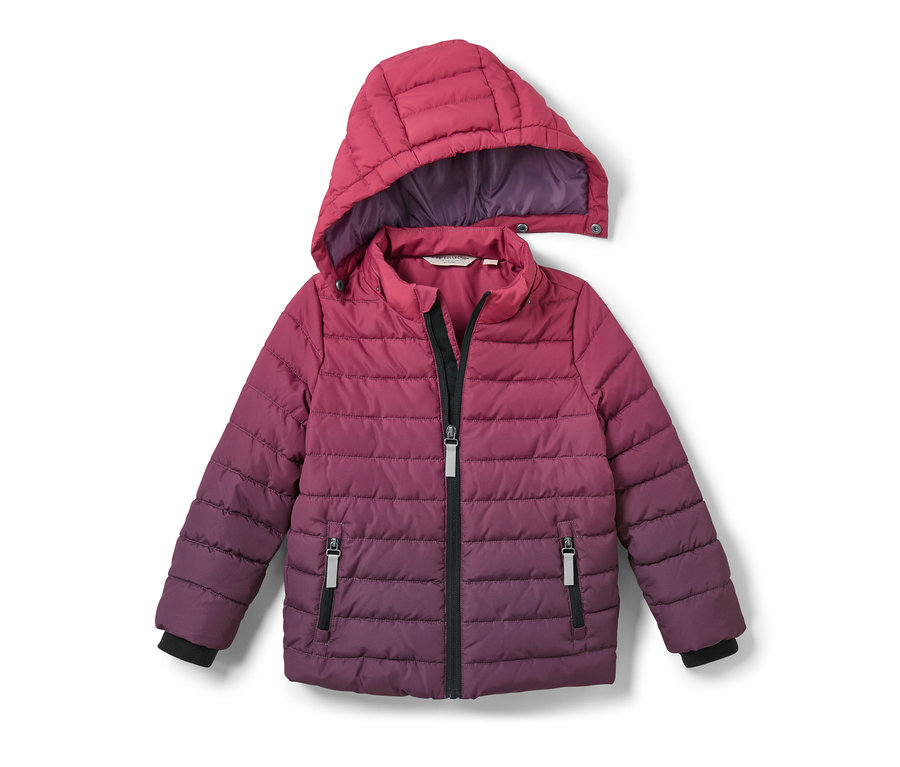 Kinder-Steppjacke mit Kapuze, Farbe verläuft von Lila nach Pink.