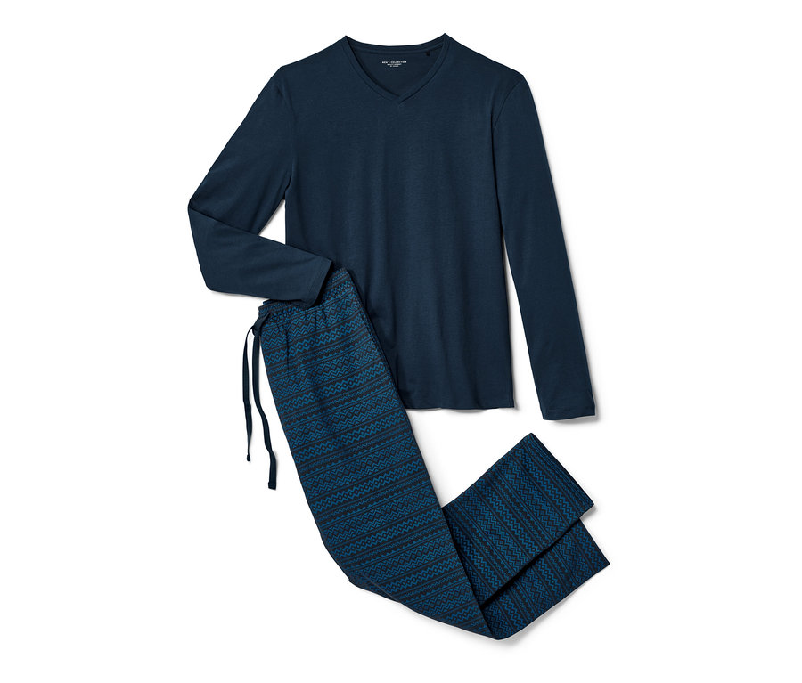 Marineblauer Pyjama mit langärmeligem Oberteil und gemusterter Hose.