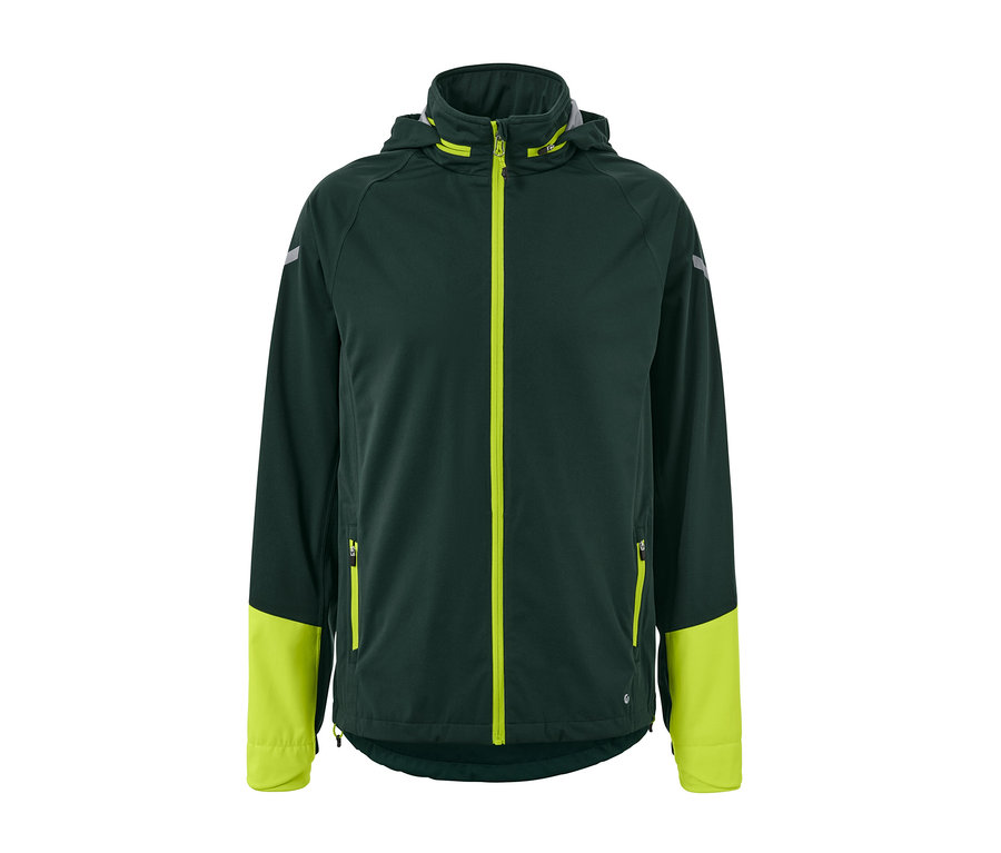 Dunkelgrüne Rad-Regenjacke mit gelben Reißverschlüssen und gelben Ärmelenden.