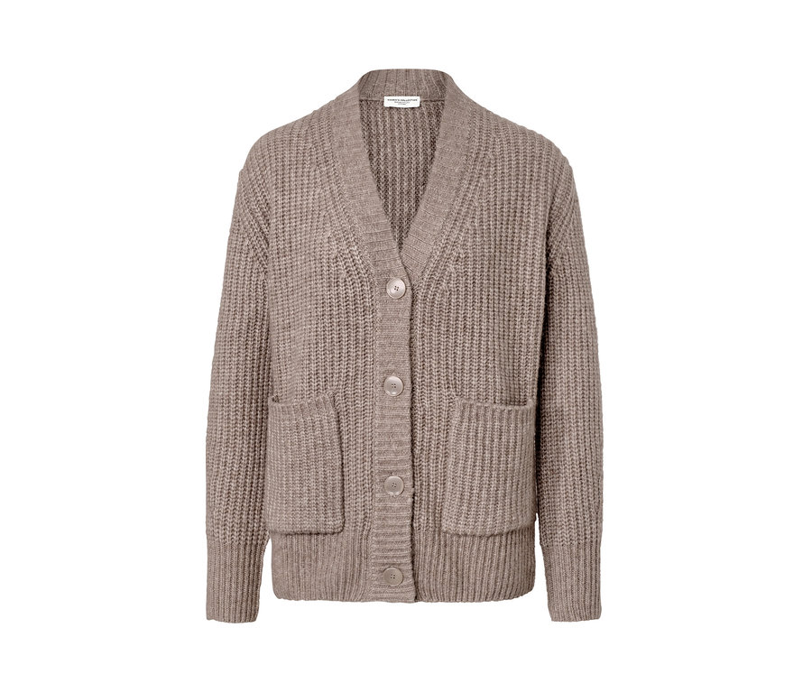 Gerippter, taupefarbener Grobstrick-Cardigan mit Knöpfen und Taschen.