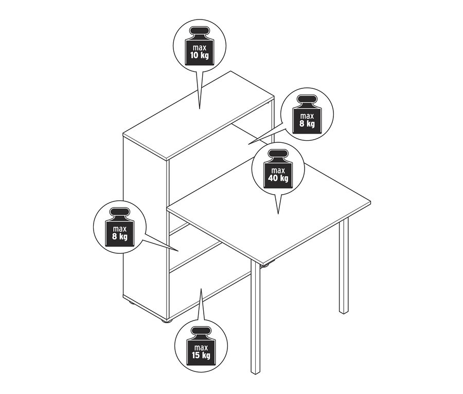 Skizze eines Regals mit ausklappbarem Tisch und maximalen Gewichtsbegrenzungen.