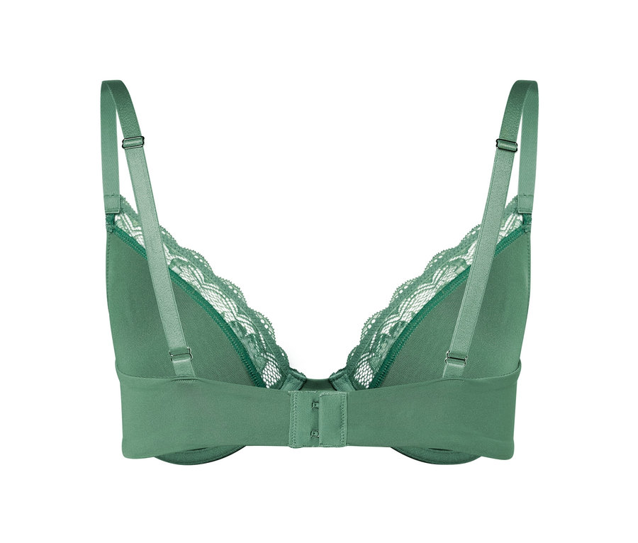 Rückansicht eines grünen Bügel-BHs mit weisser Spitze.