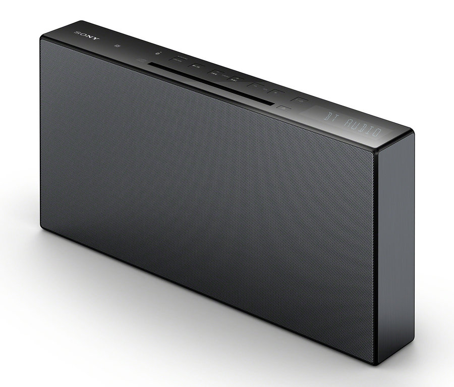 Schwarze Sony CMT-X3CD Hi-Fi-Anlage auf weißem Hintergrund.