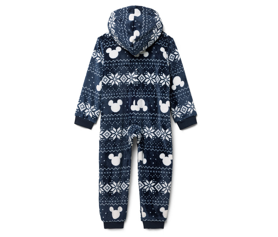 Marineblauer Overall mit Kapuze, Schneeflockenmuster und Mickey Mouse, von hinten gesehen.