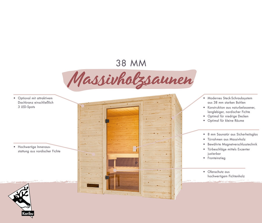 Holzsauna mit Glastür und Holzbank im Inneren.