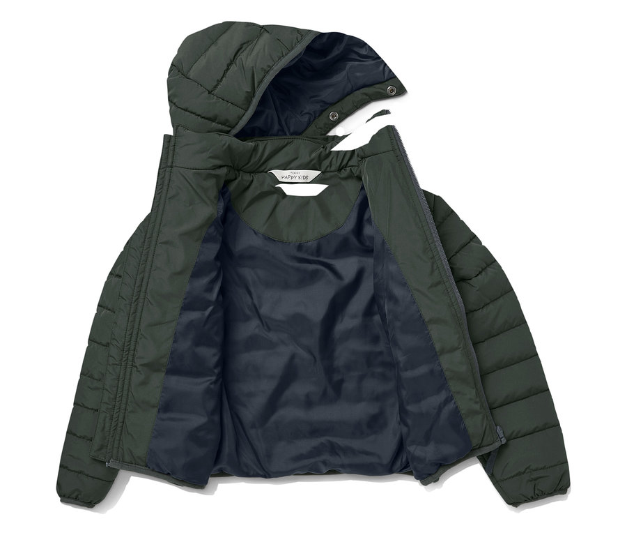 Grüne Steppjacke mit Kapuze, offen, Innenseite dunkelblau.