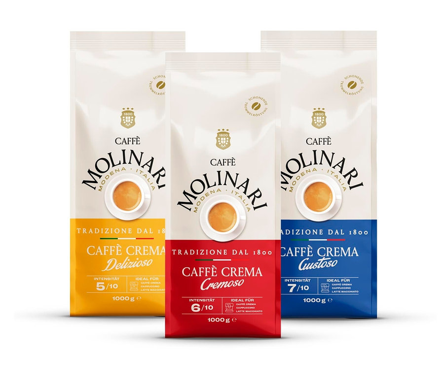 Drei Packungen Caffè Molinari Kaffee in verschiedenen Farben, darunter eine Packung Caffè Molinari Caffè Crema Probierset - Ganze Bohne.