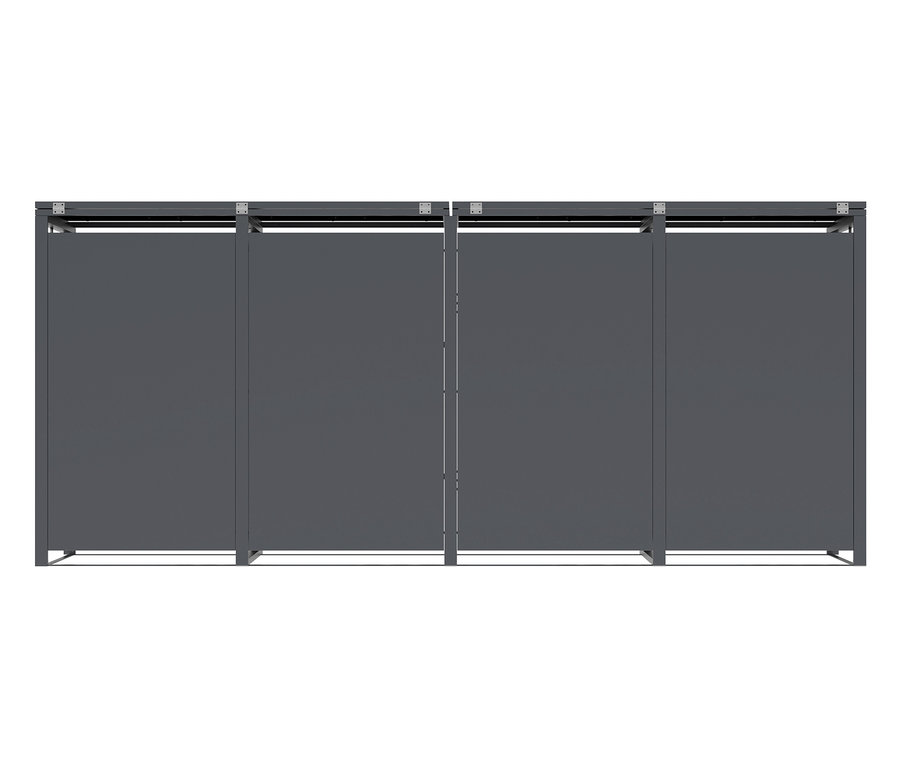 Vier graue Sichtschutzwände mit Metallrahmen.