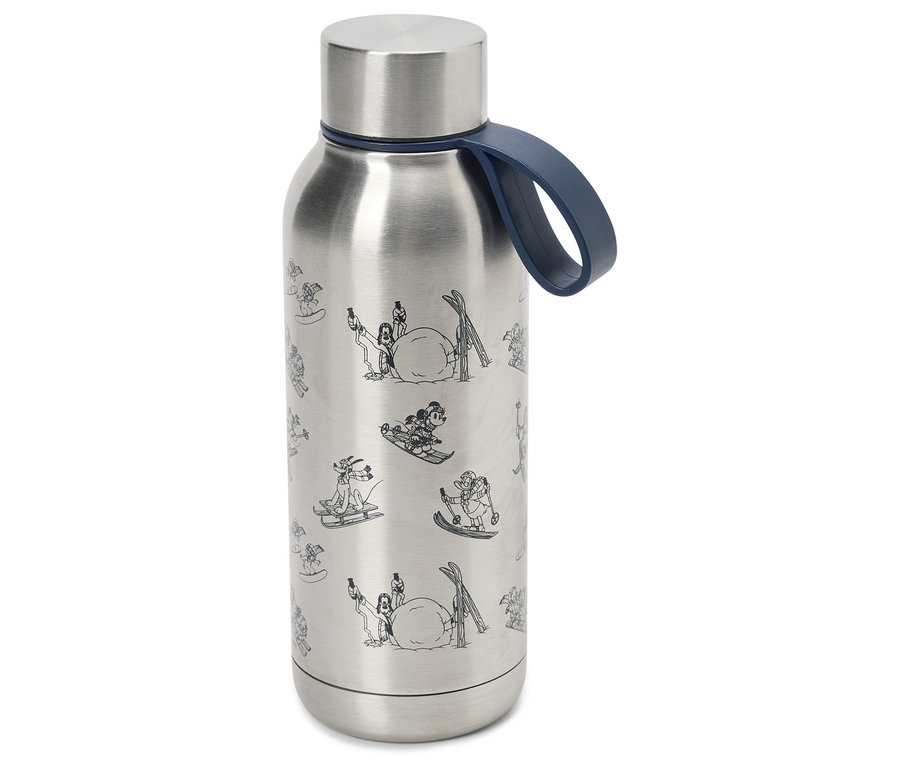 Eine silberne Wasserflasche mit blauem Griff und Winter Sport Motiven.
