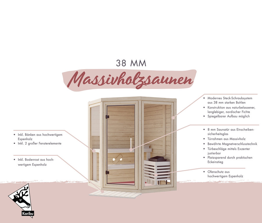 Eckansicht einer Massivholzsauna mit Glastür und Bänken aus hochwertigem Espenholz.