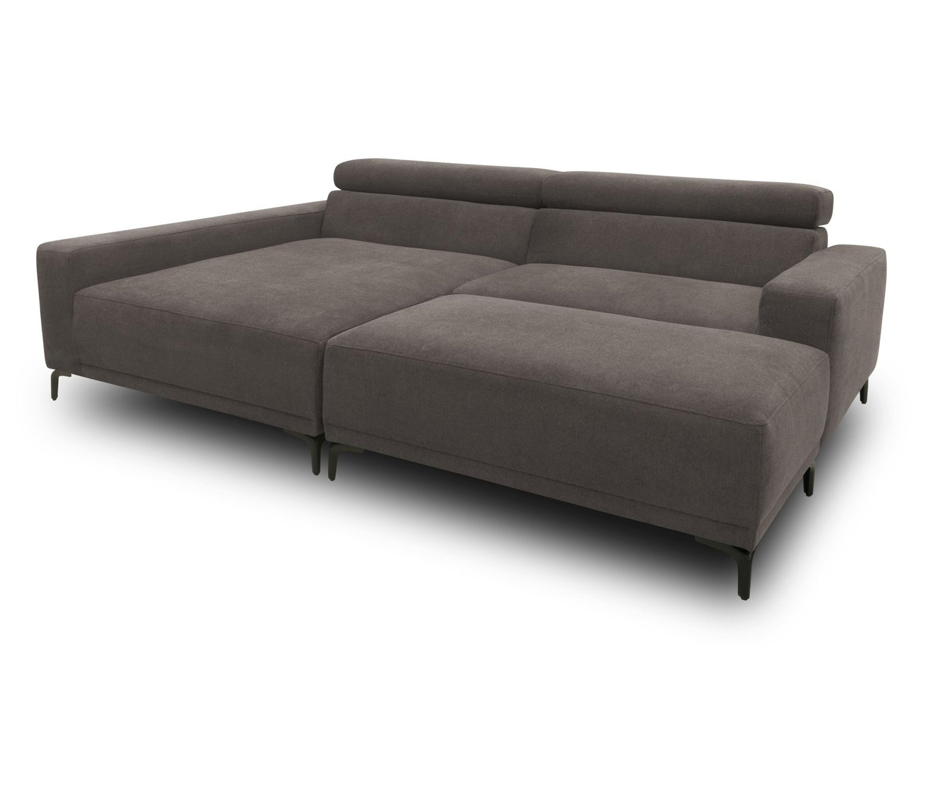 Graues DOMO Eck-Schlafsofa mit Hocker, linksbündig.