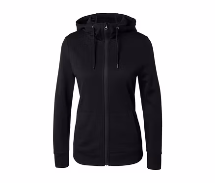 Schwarze Kapuzenjacke mit RWS-zertifizierter Wolle, Reißverschluss und Taschen.
