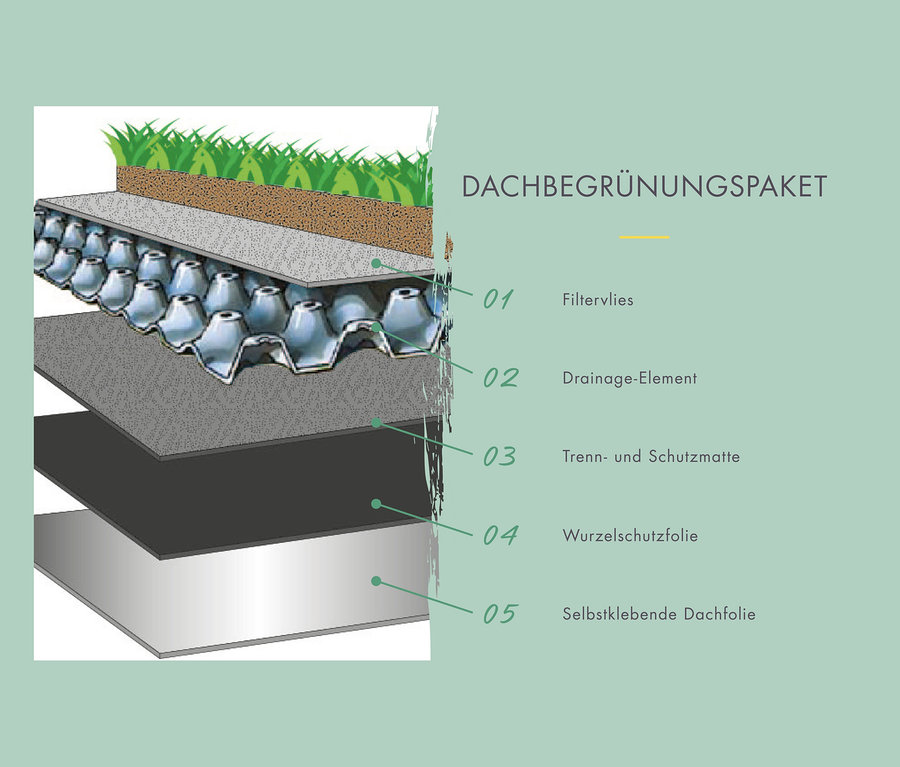 Illustration der Schichten des Dachbegrünungspakets. Karibu Gartenhaus mit Dachbegrünungspaket »Hanami«, 38 mm.