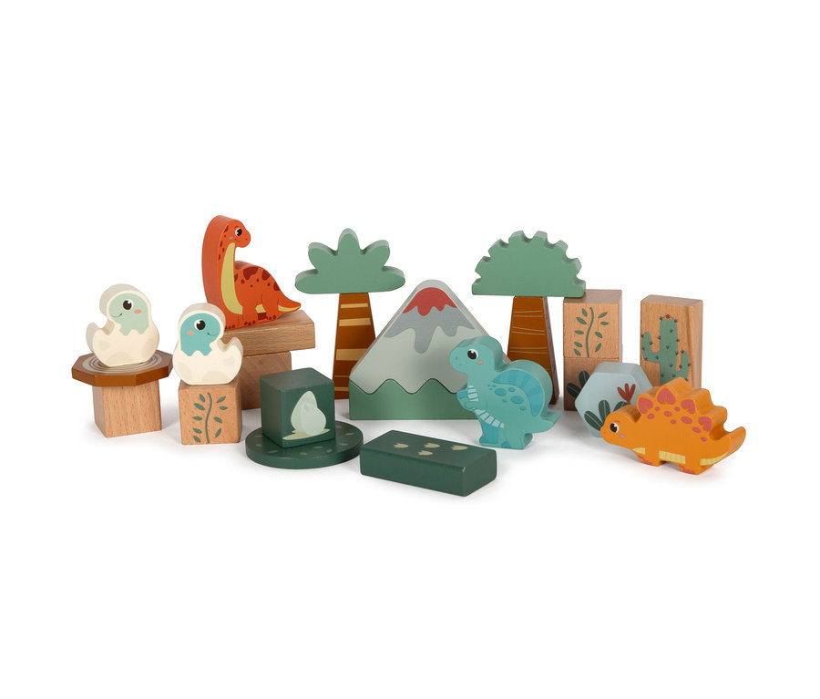 Holzspielzeug für Kinder, Dinosaurier, Bäume und Berge.