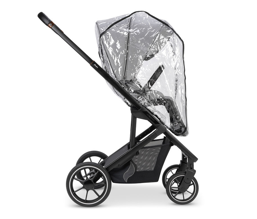Schwarzer Osann Kombi-Kinderwagen Juntos mit Regenschutz.