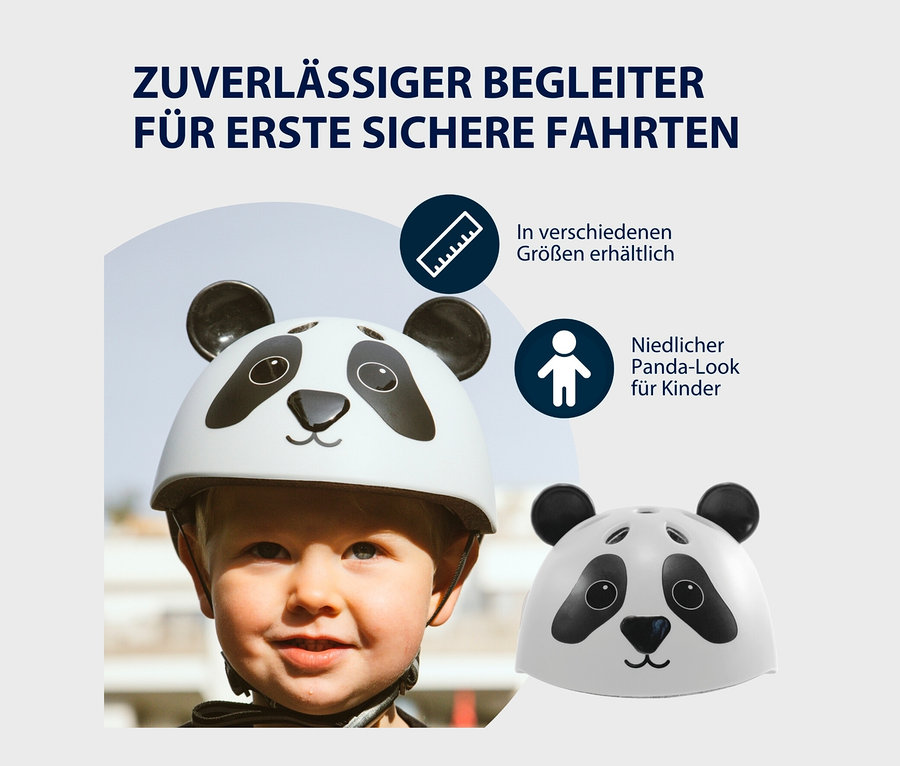 Junge trägt weißen HUDORA Kinderhelm »Pandy« mit Panda-Ohren.