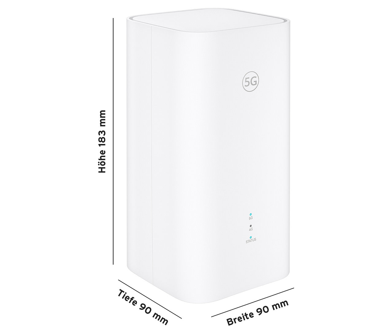 Abmessungen des Homespot-Routers 5G ZOWEE: 183 mm hoch, 90 mm tief und 90 mm breit.