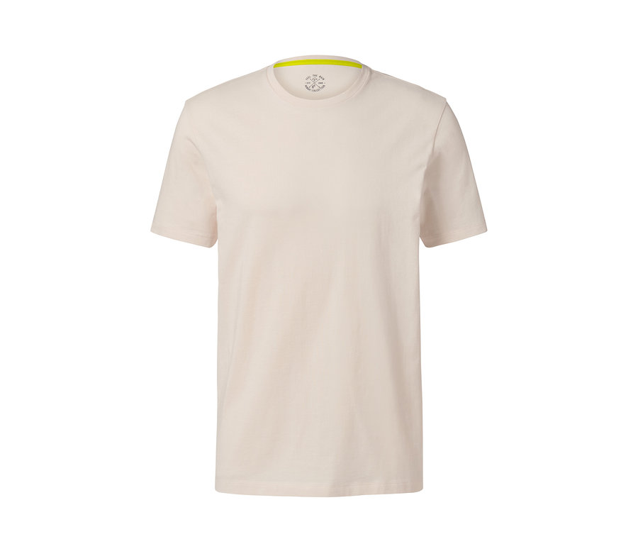 Detailansicht eines cremefarbenen T-Shirts mit Rundhalsausschnitt aus einem 2er-Set.