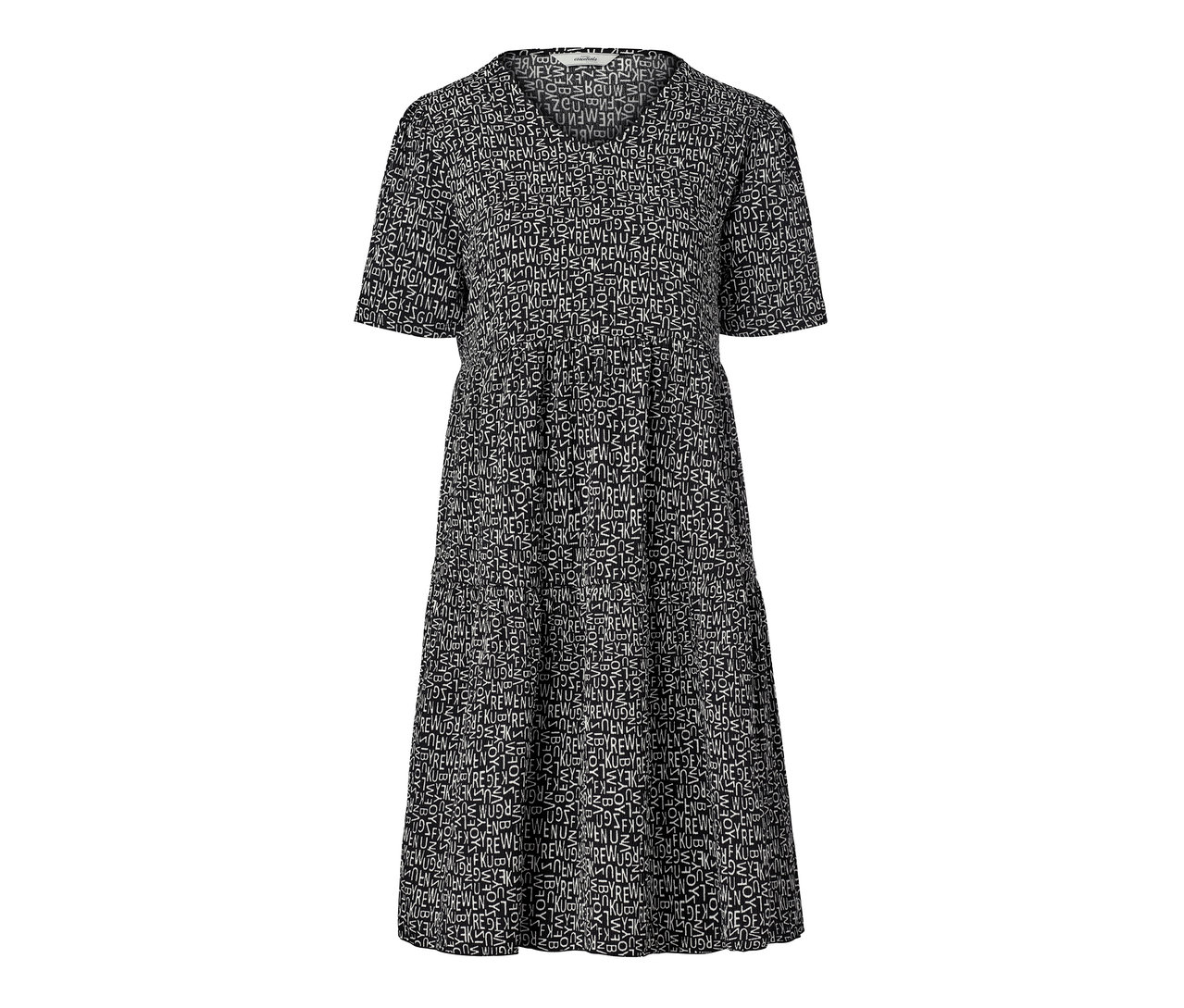 Ein bedrucktes, schwarzes Kleid mit kurzen Ärmeln und weißem Aufdruck.