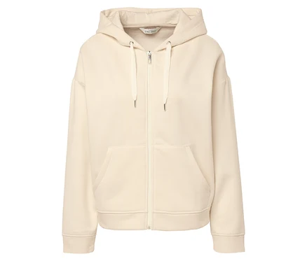 Cremefarbener Kapuzenpullover mit Reißverschluss.