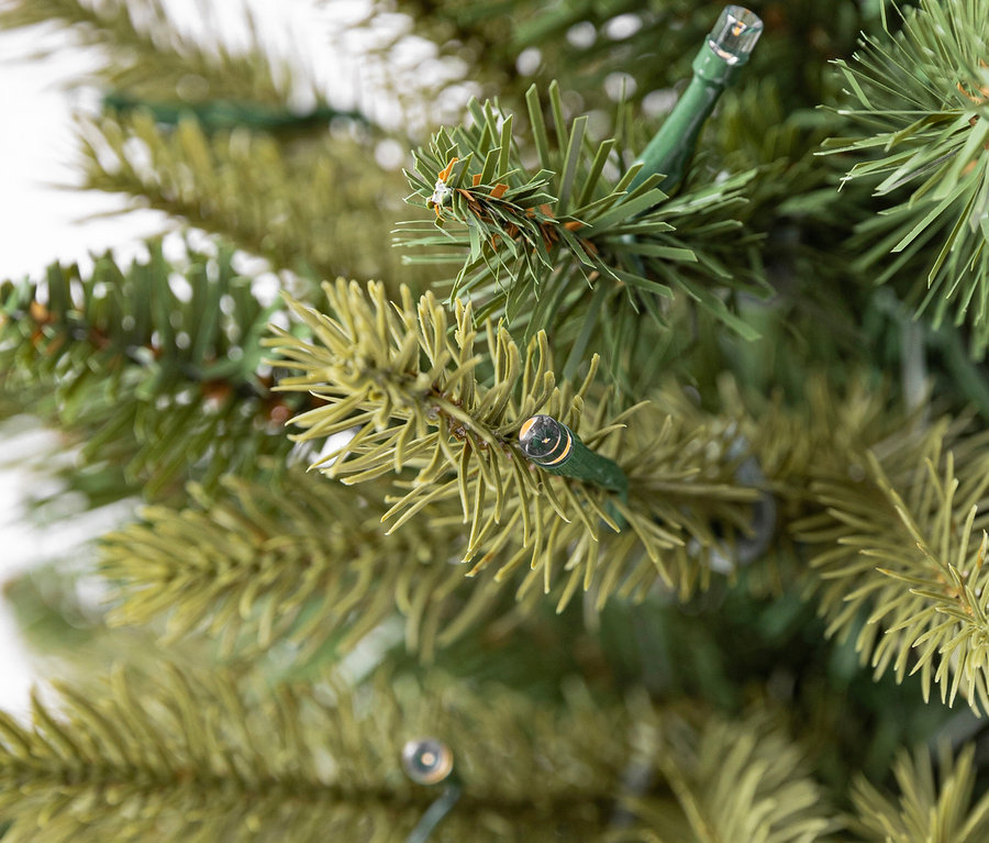 Nahaufnahme eines Weihnachtsbaums mit Nadeln und Lichtern.