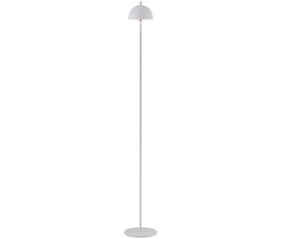 Eine weiße Stehlampe mit rundem Schirm und Fuß.