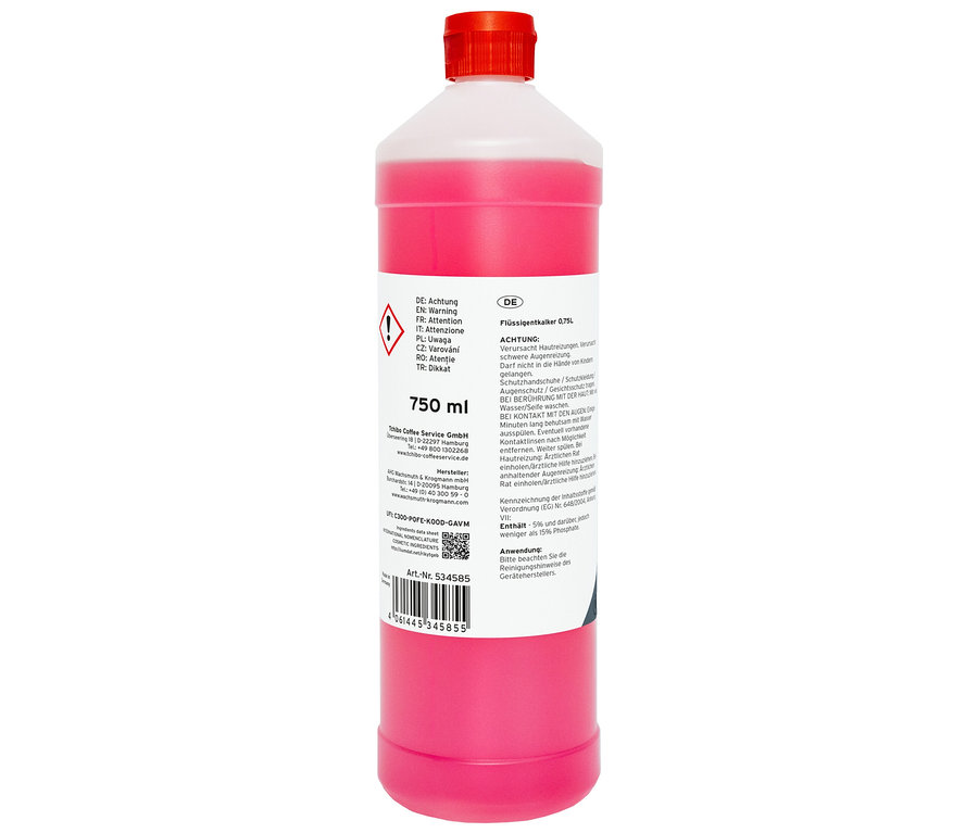 Eine 0,75-l-Flasche Flüssigentkalker mit roter Flüssigkeit und rotem Verschluss.