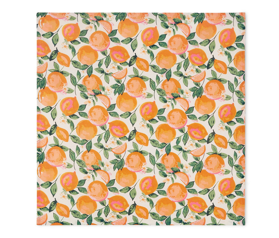 Orange, abwischbare Tischdecke mit Zitrusmuster, ca. 90 x 90 cm.