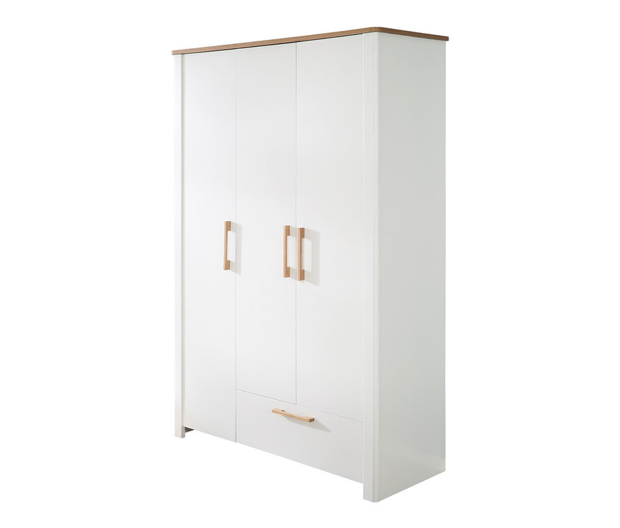 Weißer Kleiderschrank mit drei Türen und einer Schublade aus dem roba Kinderzimmer-Set »Ava«.