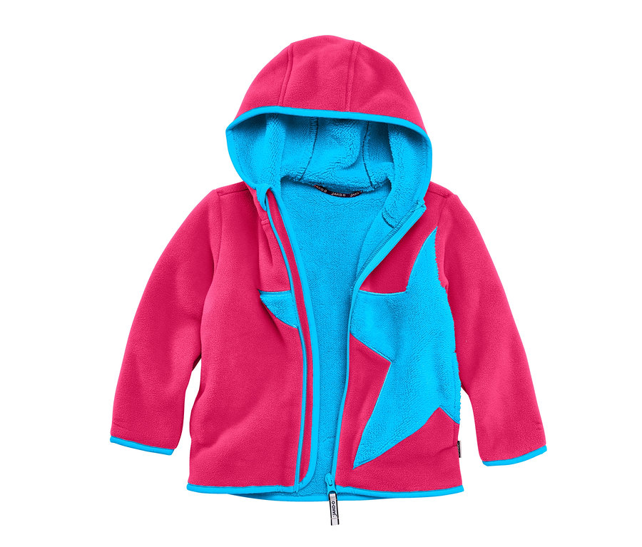 Offene, rosafarbene Jako-O Kuschelfleecejacke mit azurblauer Kapuze und Sternapplikation vorne.