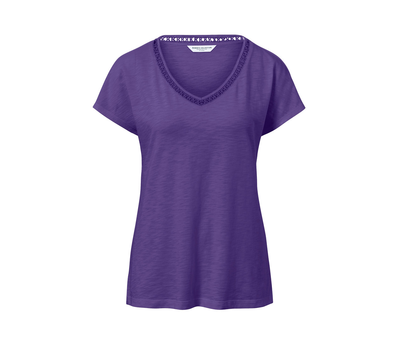 Lila Shirt aus Modalmix mit kurzen Ärmeln und V-Ausschnitt.