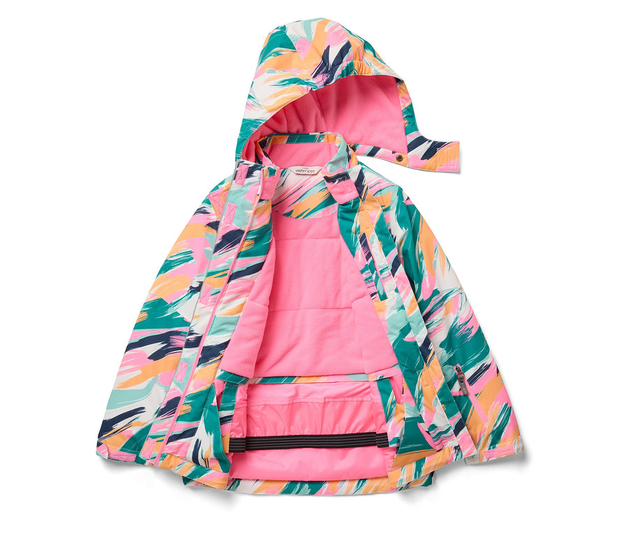 Geöffnete Kapuzenjacke mit abstraktem Farbdruck und rosa Futter.