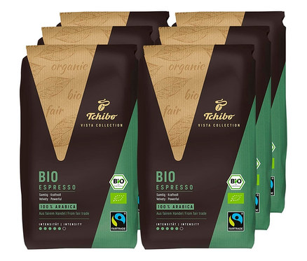 Sechs Packungen Vista Collection Bio Espresso - 6x 1 kg Ganze Bohne.