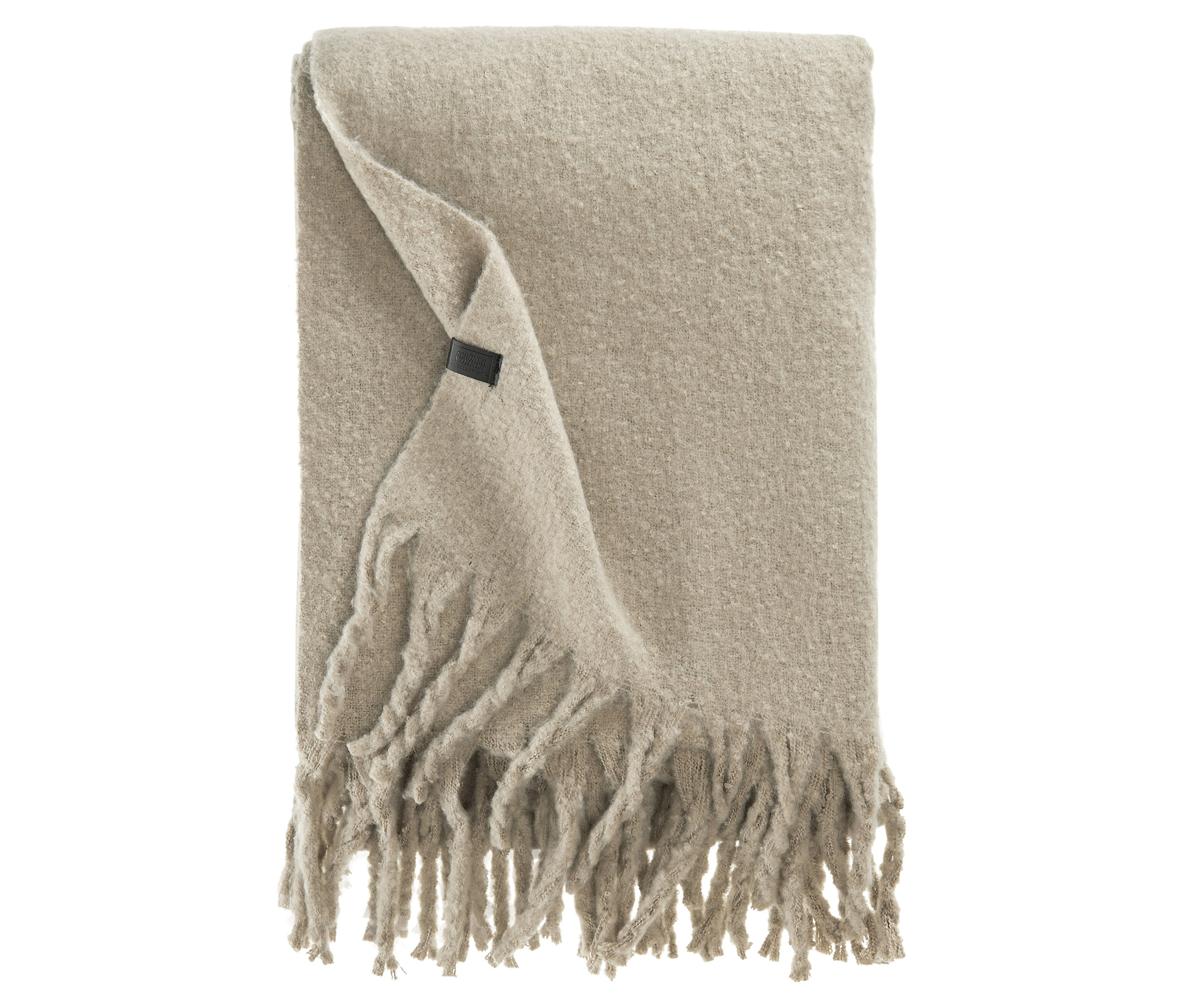 Beige Decke mit Fransen und Etikett.