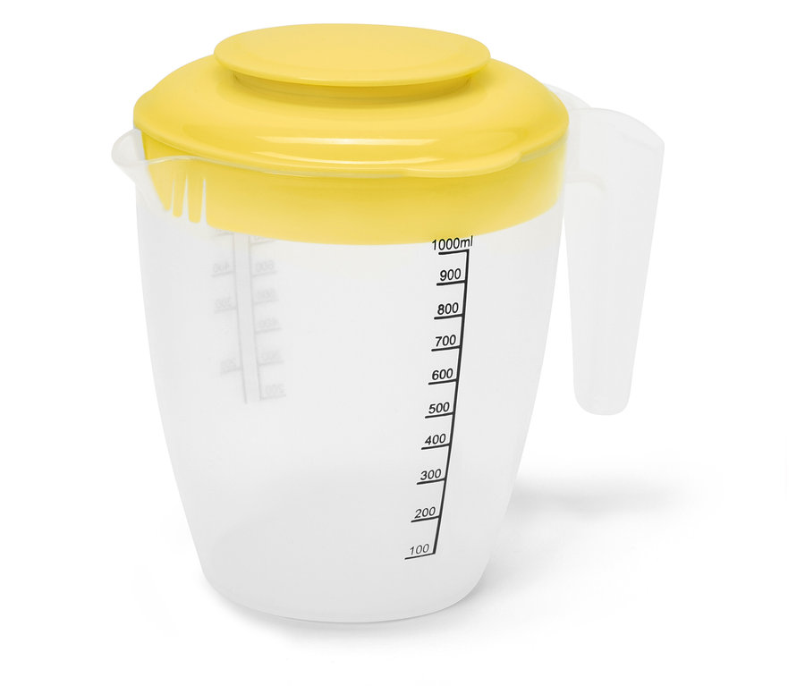 Ein durchsichtiger Messbecher mit gelbem Deckel und Volumenanzeige.