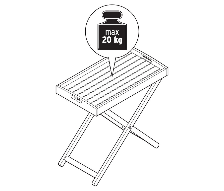 Schwarz-weiße Illustration eines Klapptisches mit einer maximalen Traglast von 20 kg.