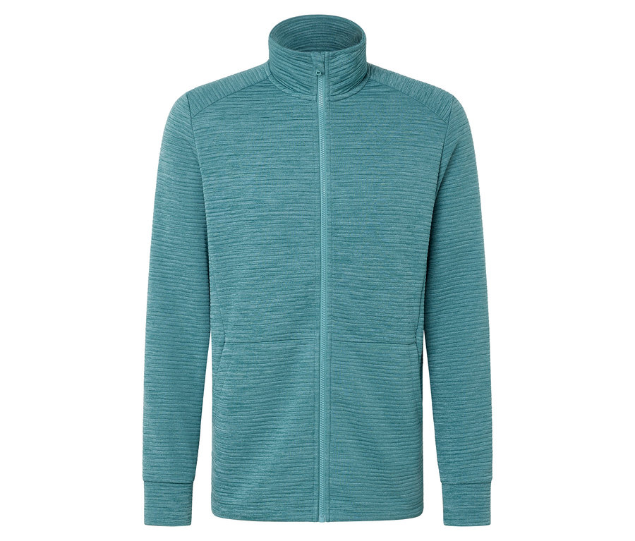 Eine aquamarinefarbene Fleecejacke mit durchgehendem Reißverschluss und Stehkragen.