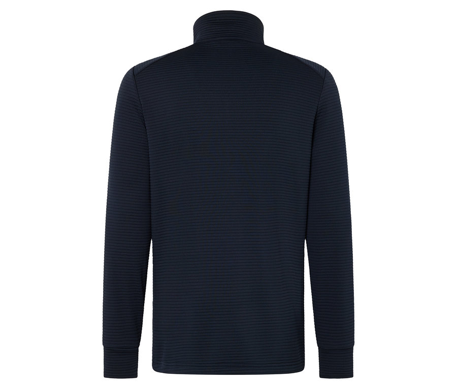 Rückansicht eines marineblauen, langärmeligen Oberteils mit Rollkragen.