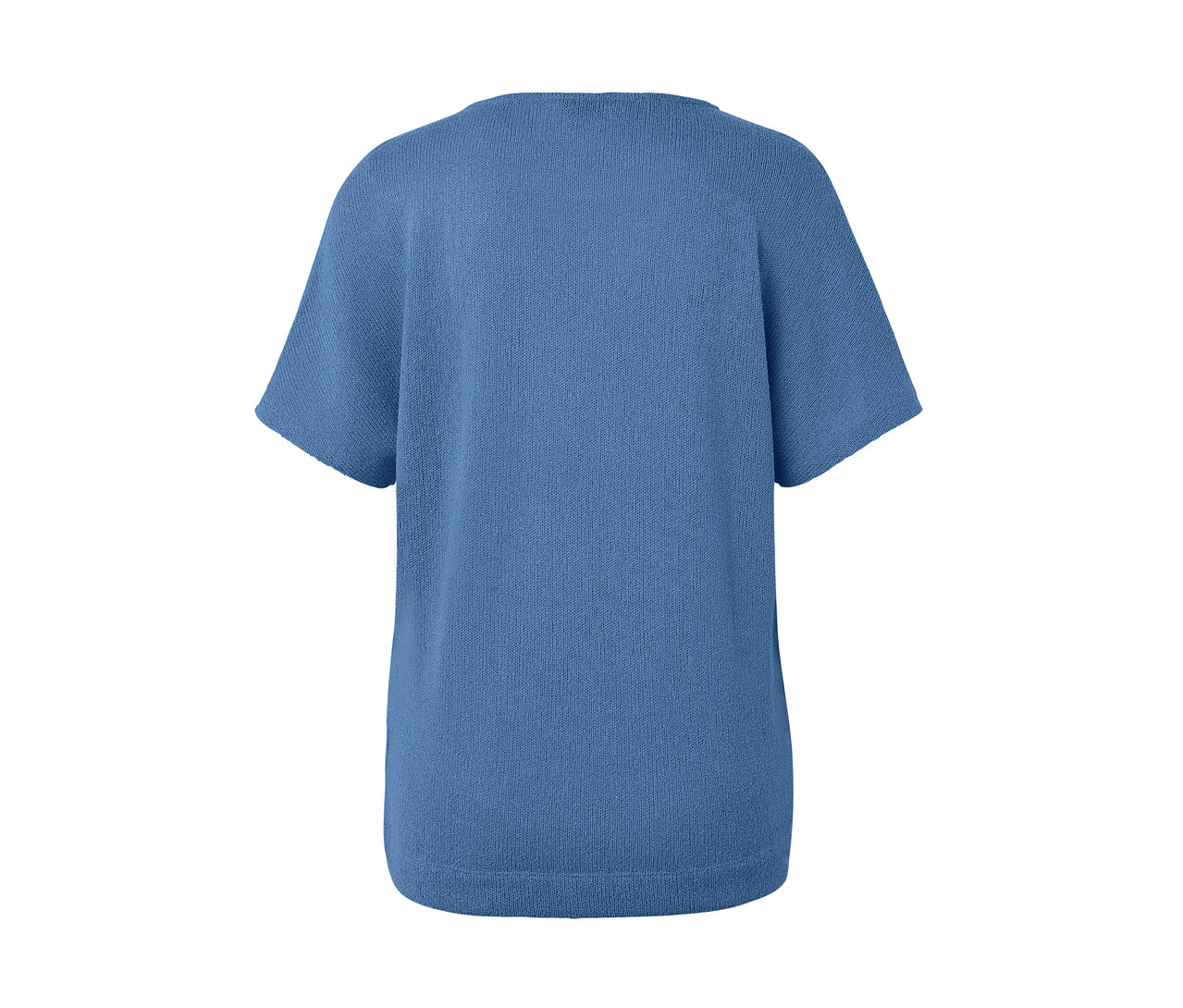 Detailansicht der Rückseite eines blauen, strukturierten Shirts.
