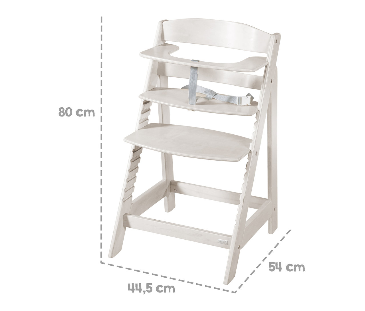 Weißer roba Babyhochstuhl »Sit Up Flex« mit Gurten und den Maßen 80 x 54 x 44,5 cm.