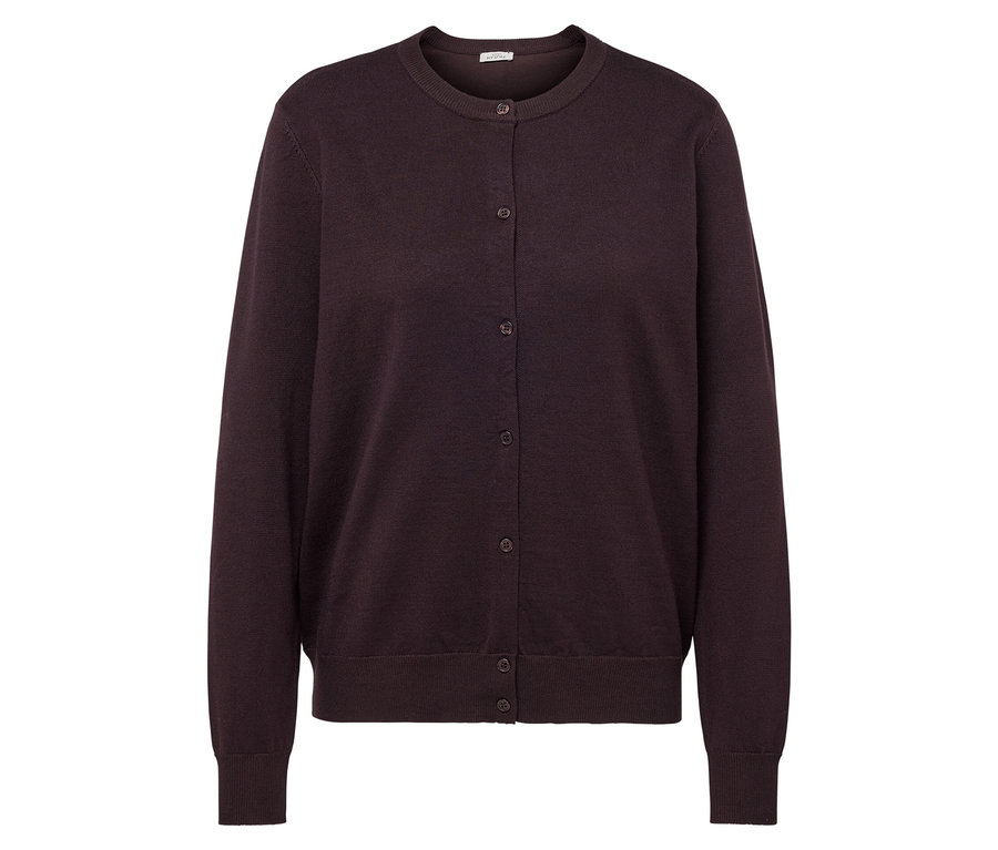 Braune Strickjacke mit langen Ärmeln und Knöpfen.