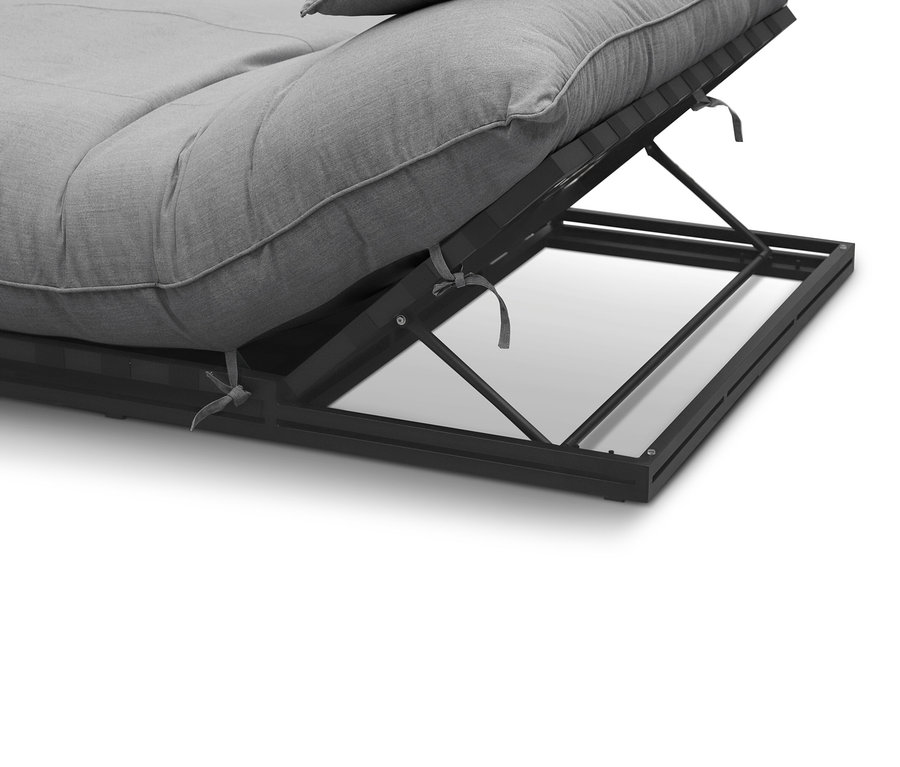 Detailansicht eines grauen Futonbettes mit ausgeklapptem Bettkasten.