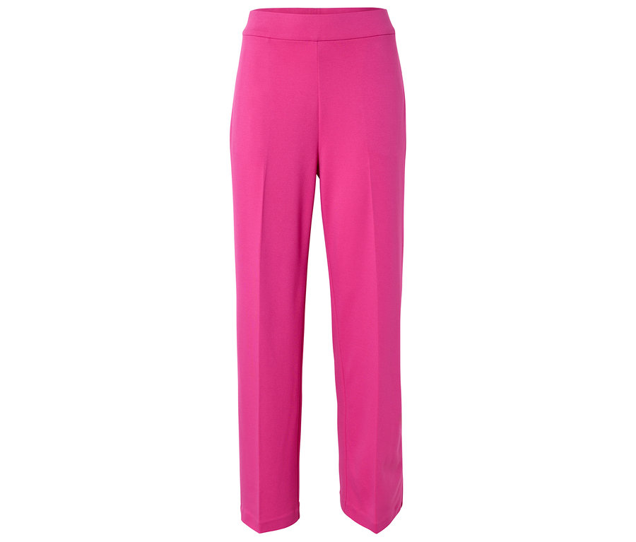 Eine pinke, hoch taillierte Hose mit geradem Bein auf weißem Hintergrund.